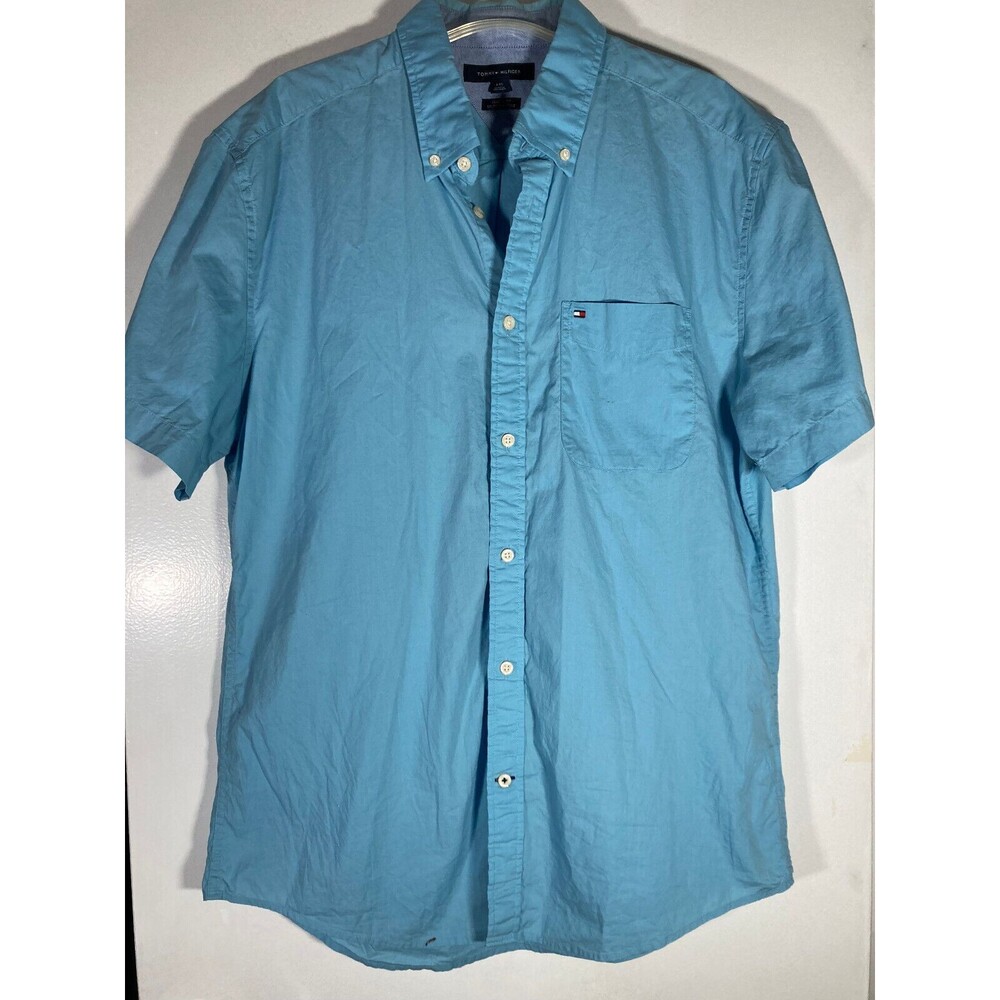 Tommy Hilfiger Shirt • Mens Blue Maxwell Classic Fit Short Sleeve (Large) EUC